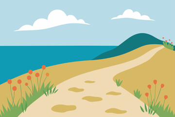 Hand Drawn Coastal Path with Beach Grass and Wind