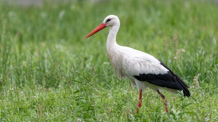 Fototapeta premium A stork walks gracefully through a vibrant green field, searching for food among the fresh grass and wildflowers on a sunny spring day.
