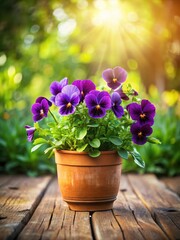 Vibrant purple pansies in a rustic terracotta pot on a sunlit wooden table