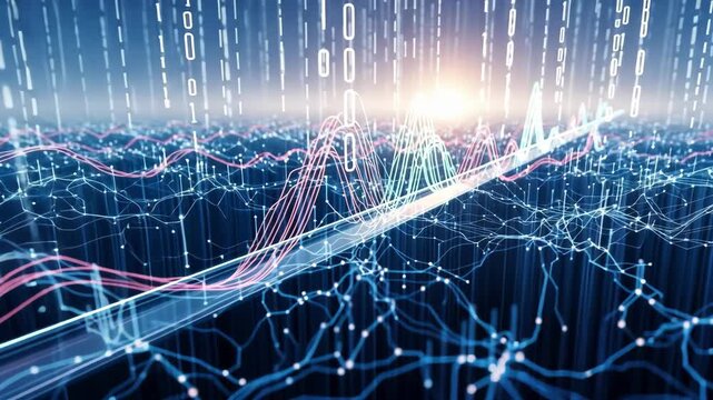 Abstract data visualization with blue digital network, lines, and binary code, technology concept.