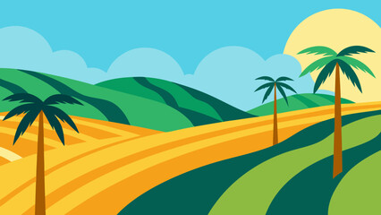 Summer Landscape with Rolling Hills and Palm Rows