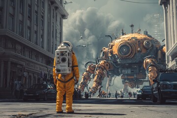Facing the colossal invader, a lone astronaut stands firm in a retro science fiction setting, battling against overwhelming odds in a dystopian cityscape