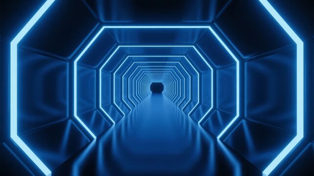 Blue Neon-Lit Hexagonal Tunnel with Futuristic Design