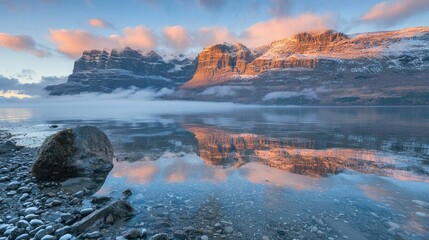 Naklejka premium Winter sunrise over a calm lake reflecting mountains