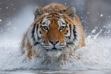 Obraz premium Siberian tiger Panthera tigris altaica charges through water with determination amidst a snowy landscape in winter