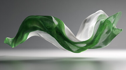 Abstract flowing fabric in green and white with a mesh like texture on gray