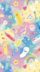 Pastel Vertical Doodle Pattern with Stationery and Star Motifs