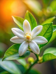 Fototapeta premium Vibrant orange jasmine flower with delicate white petals and a golden center