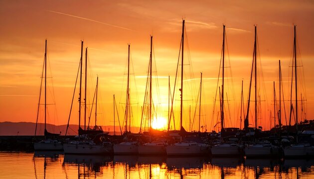 Silhouette of sailboats at sunset
