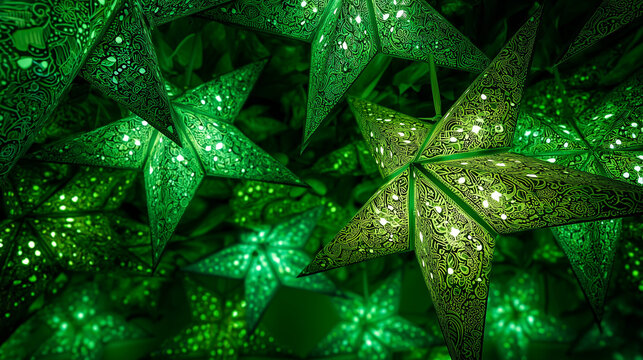A cluster of illuminated green star lanterns hanging in a darkened space