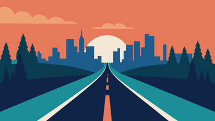 Open road leading to a city skyline at sunset