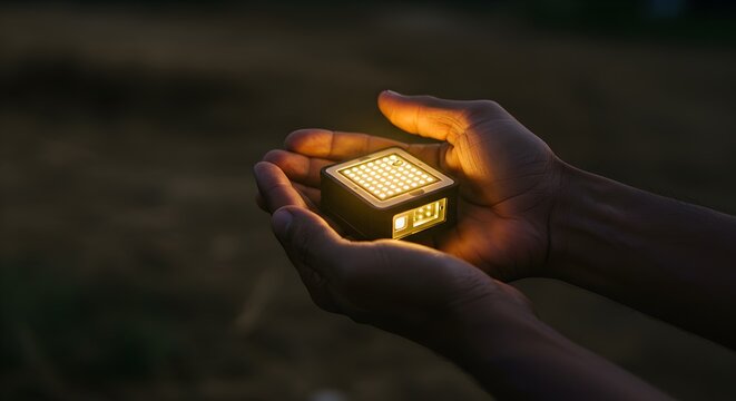 Two hands gently holding a small, glowing cube, emitting a warm, golden light in a dark, blurred outdoor setting.