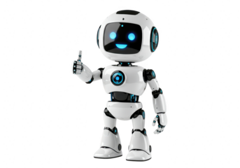 A friendly white robot with blue glowing eyes giving a thumbsup gesture isolated on transparent background