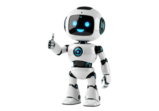 A friendly white robot with blue glowing eyes giving a thumbsup gesture isolated on transparent background