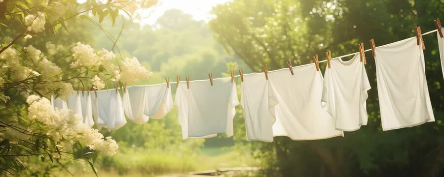White shirt drying outdoor clothesline with wooden clothespins, surrounded by green trees, sunlight, and blooming flowers creating peaceful laundry