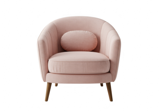 A plush pink armchair with a round back cushion and wooden legs, isolated on a transparent background - Powered by Adobe
