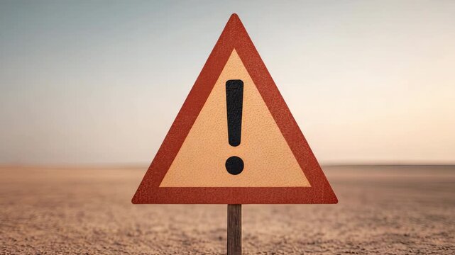 Warning sign with exclamation mark inside triangle dry desert ground