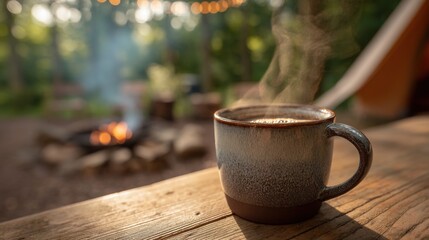 A steaming mug of coffee sits on a wooden table, with a warm campfire crackling in the background. Soft sunlight filters through the trees, creating a peaceful atmosphere.