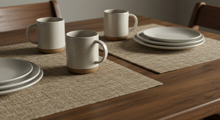 Mugs and Plates on a Wooden Table with Placemats.