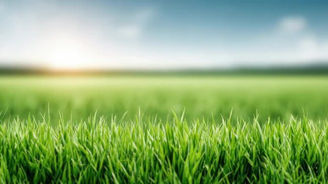Green grass field under sunlight with blue sky and vibrant green field
