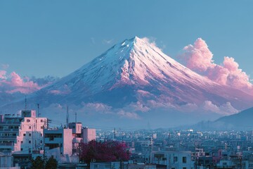 View of Mount Fuji against a pink sky from a bustling cityscape showcasing vibrant anime-style graphics during sunset