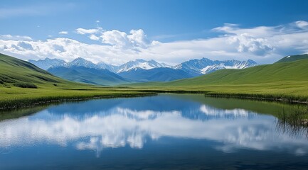 Fototapeta premium Serene Mountain Lake with Reflections of Snow-Capped Peaks and Lush Green Fields