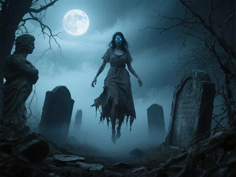 Scary eerie possessed woman with bright eyes in the dark