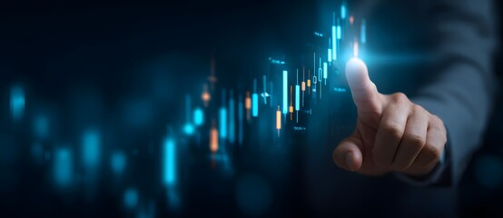 Business hand interacting with digital stock market chart. Financial trading, investment, analytics, and technology concept with blue futuristic background.