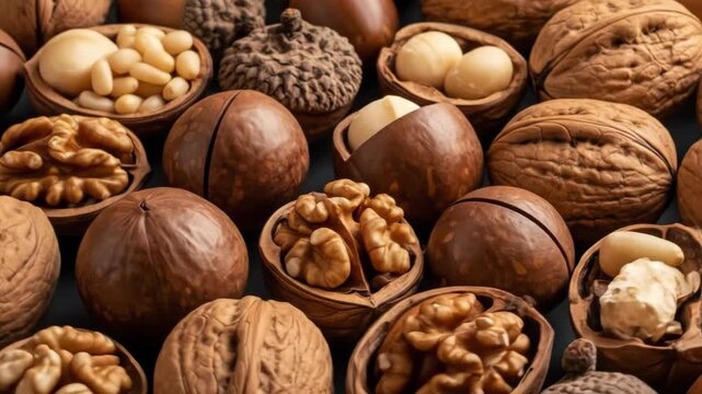 Assortment of nuts including walnuts, acorns, and macadamia nuts on a dark background for healthy eating and snacks, high angle, macro photography.