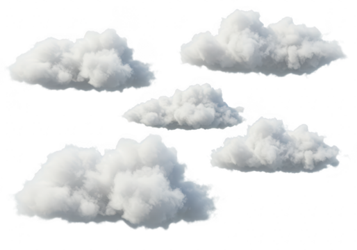 A collection of fluffy white clouds floating against a clear sky isolated on transparent background