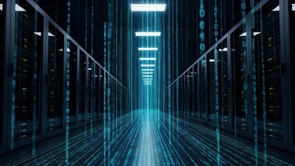 Digital data center server room with binary code, technology and data stream. Internet network and digital data processing concept. - Powered by Adobe
