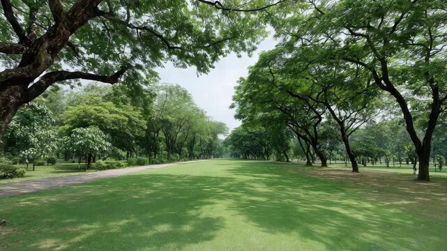 Green park with large trees, grass, and peaceful natural scenery