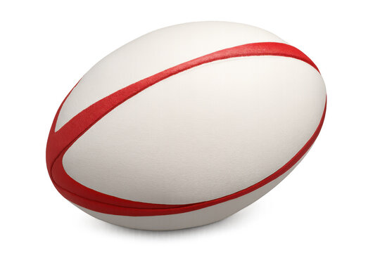 White rugby ball with red stripes rotating on transparent background