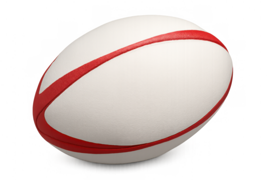 White rugby ball with red stripes rotating on transparent background