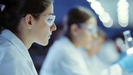 A group of diverse scientists in a modern medical laboratory, wearing lab coats and safety goggles, conducting experiments and research. The video features copy space for text or additional elements.