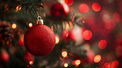 Close up of a red christmas ornament hanging on a tree with bokeh lights