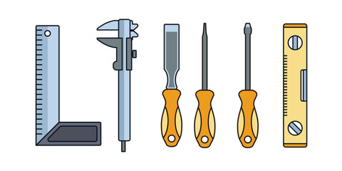 Some collections of carpentry tools such as square ruler, water level, screwdriver and iron file isolated on white background