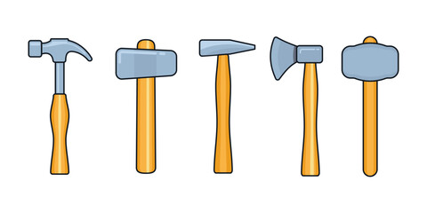 Some collections of carpentry tools such as iron hammer, wooden hammer, rubber hammer and axe isolated on white background