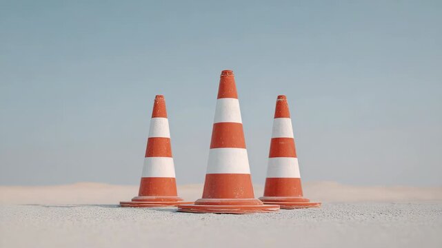 Orange traffic cone with white stripes ensures safety sandy ground