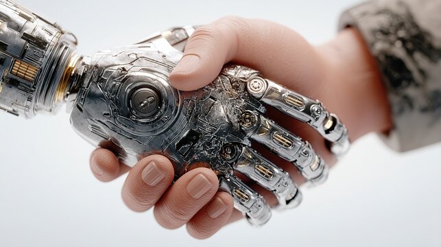 Human-Robot Collaboration Concept, Handshake Between Human and Robotic Hand in Future Technology Scene