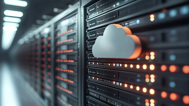 Server room, icon and cloud computing for software, digital or cybersecurity in information technology. Overlay for online storage, backup and app integration in data center or memory computer system