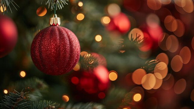 Close up of a sparkly red christmas ornament hanging on a tree with bokeh lights