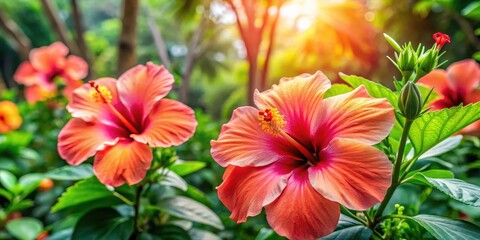 Obraz premium Large Hibiscus flowers blooming in a tropical garden