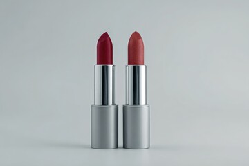 Two metallic lipstick tubes, one burgundy, one mauve, against a gray backdrop