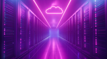 Server room, icon and cloud computing for software, digital or cybersecurity in information technology. Overlay for online storage, backup and app integration in data center or memory computer system