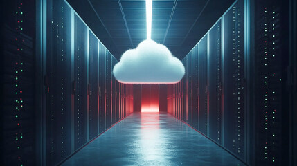 Server room, icon and cloud computing for software, digital or cybersecurity in information technology. Overlay for online storage, backup and app integration in data center or memory computer system