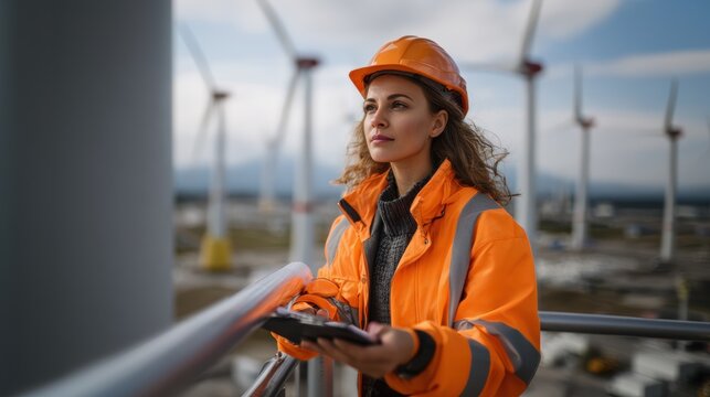 Female wind energy engineer in a safety jacket and hard hat holding a digital tablet while inspecting wind turbines from an elevated platform, representing renewable energy leadership and innovation