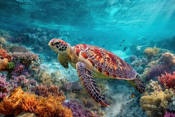 Obraz premium Green sea turtle gliding gracefully through vibrant coral reefs in crystal clear tropical waters