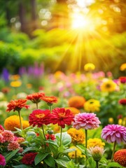 Fototapeta premium Vibrant sunlit blooms in a lush green garden