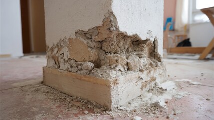 Crumbling drywall and exposed materials reveal ongoing repairs at the base of a pillar in an indoor construction site during daytime, highlighting renovation efforts.